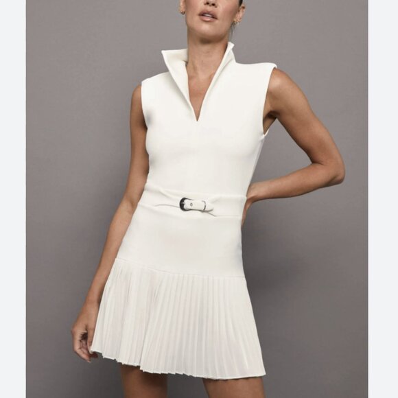 CARBON38 Pleated Tennis Mini Dress Ivory White Drop Waist Belted Collar Size XS - Picture 1 of 16